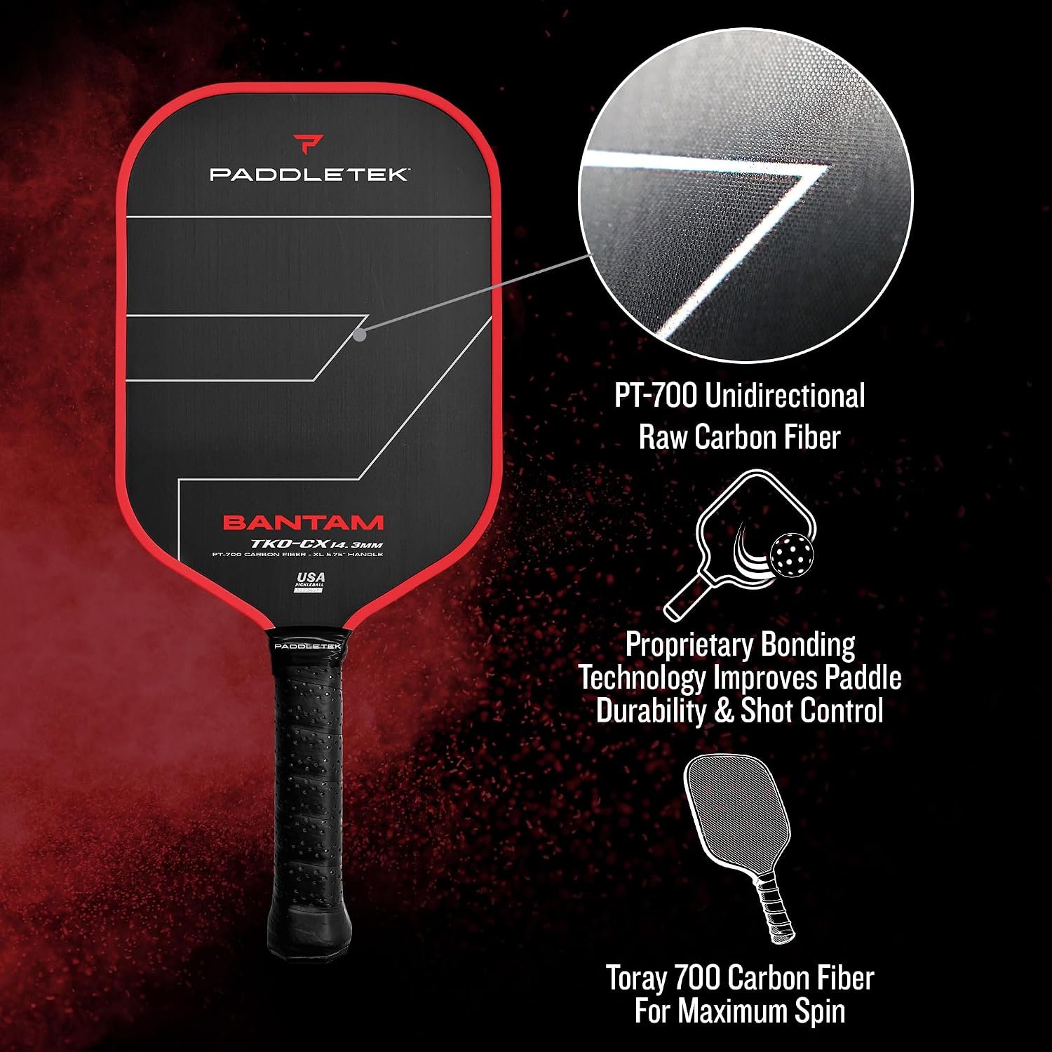Paddletek Bantam TKO-CX 14.3mm Pickleball Paddles with Polymer Honeycomb Core - Unidirectional Carbon Fiber – Torsional Weighting & High Tack Performance Grip - USAPA Approved - 5.75 Inch Handle - Image 5