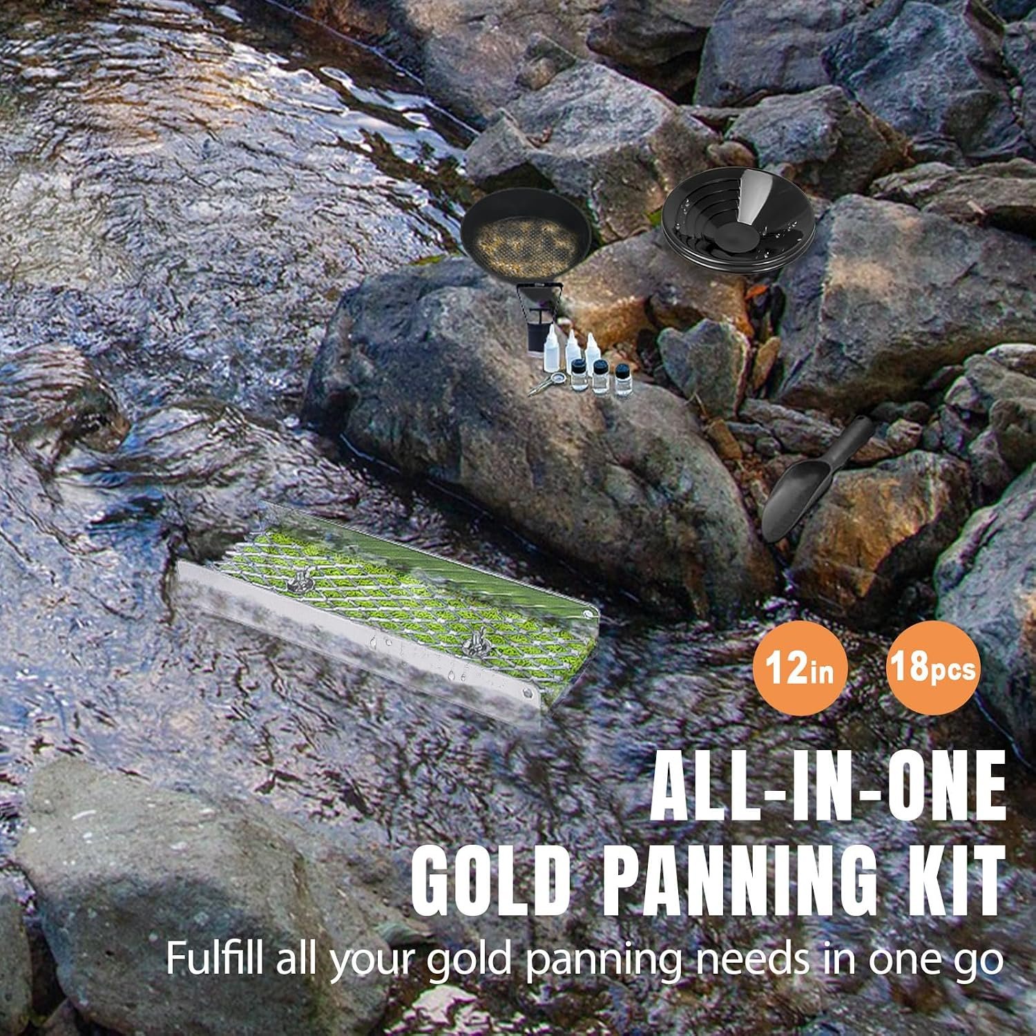 18pcs Mini Sluice Box Gold Panning Kit, Portable Aluminum Alloy Mining Equipment for Adults, Includes Gold Pan, Classifier Screen, Separating Magnet, Backpack & Accessories - Image 2
