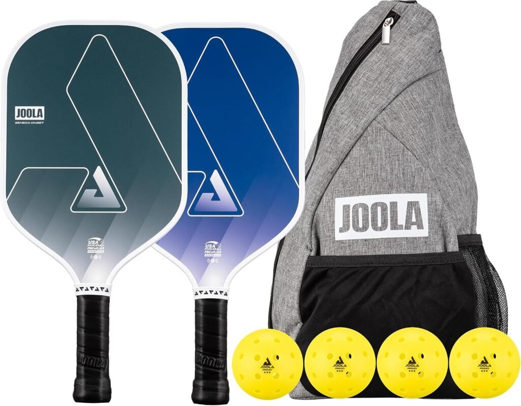 JOOLA Seneca Onset Pickleball Paddles Set of 2 - Includes: 2 Pickleball Paddles, 4 Balls & Sling Bag - Lightweight USAPA Approved Sand Blasted Surface Paddle for Increased Spin, NFC Chip Enabled