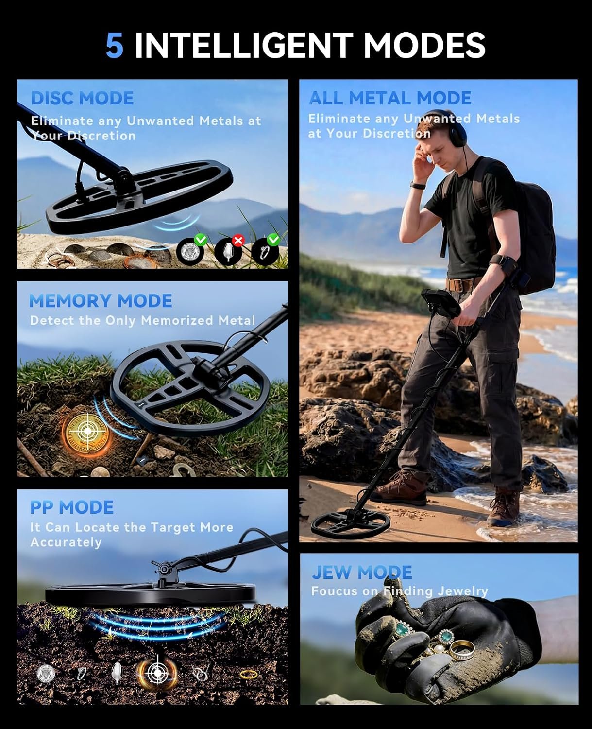 SUNPOW Rechargeable Metal Detector for Adults, IP68 Waterproof 11" Double D Coil, Professional High Accuracy Gold Detector with Large Backlit LED Display for Beach, Field, Garden - Image 5