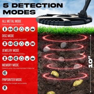 Metal Detector for Adults with Pin Pointer - Waterproof Metal Detector, Pinpointer with 5 Modes, Headphones, Bag, Dagger,Adults Professional, Beach, ip68 Coil,Gold Detector - Image 3